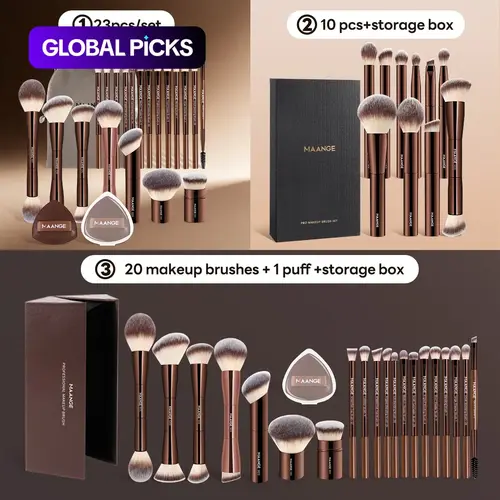 Maange Makeup Brush Set with Aluminum Handle, Includes Foundation, Powder, Blush, Eyeshadow, Concealer, and Highlighter Brushes, Sponge & Storage Box #GLOBAL PICKS