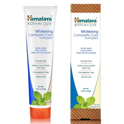 Himalaya Botanique Whitening Complete Care Toothpaste, Peppermint Flavor - Whitening Toothpaste Without Fluoride for Brighter Teeth & Fresh Breath - Vegan, Gluten Free, 5.29 oz