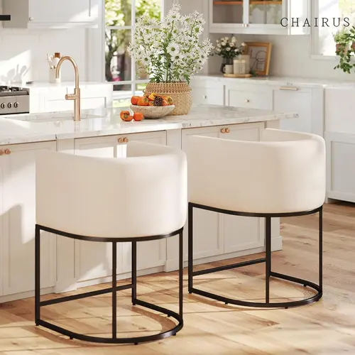 CHAIRUS 24-Inch Counter Height Chair, Modern Barrel-Style Linen Fabric Barstool with Backrest, Armrest, Footrest & Black Metal Frame, Furniture for Kitchen Island, Apartment Use