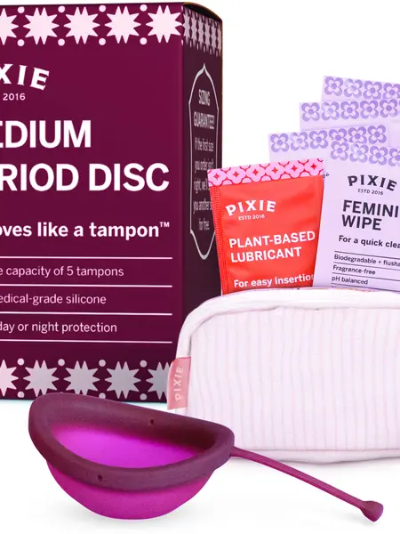 Pixie Menstrual Disc for Feminine Care - 100% Medical-Grade Silicone - Ranked 1 for Softest Reusable Period Disc - Removes Like a Tampon - Wear 12 Hours - Capacity of 5 Tampons (Medium, Plum)