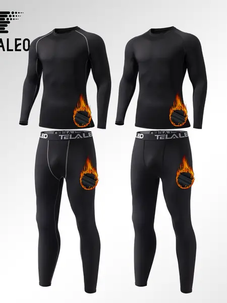 TELALEO 2 Set Mens Thermal Underwear Fleece Lined Long Johns 4 Pcs Base Layer Shirts Pant for Cold Winter Weather Menswear Socks Crewneck Motocross   tiktok shop store   heat tech outdoorfun