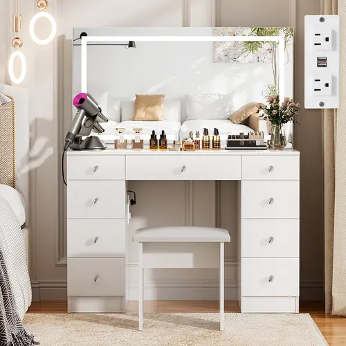 VOWNER Makeup Vanity Desk Table with Lighted Mirror,Power Outlet and 9 Drawers,Come with Soft Cushioned Stool
