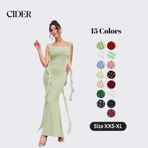 Cider Elegant Vacation Mesh Maxi Dress for Wedding Guest, Sexy Ruffle Dresses, Ladies Summer Casual Sundress, Evening Party Gowns, Lady Sun Dress Dealsforyou