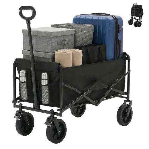 Sweetcrispy Collapsible Folding Wagon Push Cart - Oxford Cloth Quick-Fold Utility Cart, 102L Large Capacity, 330 lbs Load, Wheels, Adjustable Handle, Camping Gear for Outdoor Camping, Beach Outings
