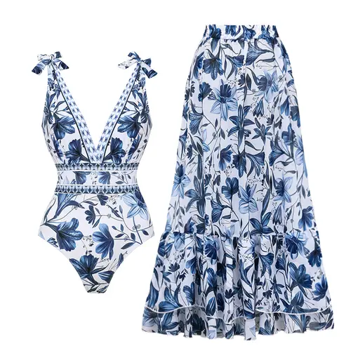 FLAXMAKER Women's V Neck Blue Print Bow Strap Non-Adjustable One-Piece Swimsuit and Matching Cover Skirt Set Summer Swimdress Swimming White Bathing Suit Stylish Beachwear swimsuits 2026 women #TikTokShopStockUp #SwimWeek #Summervibes summerwins