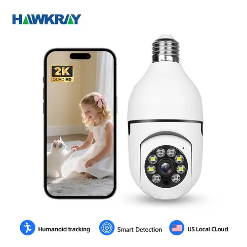 Hawkray 4MP Smart Light Bulb Camera  Monitoring Full Color Night Vision Easy Installation Motion Detection Two-Way Audio 5G/2.4G Dual-WiFi US Local Cloud Cord Safety Socket Dual Lens Surveillance,father'sdaygifts