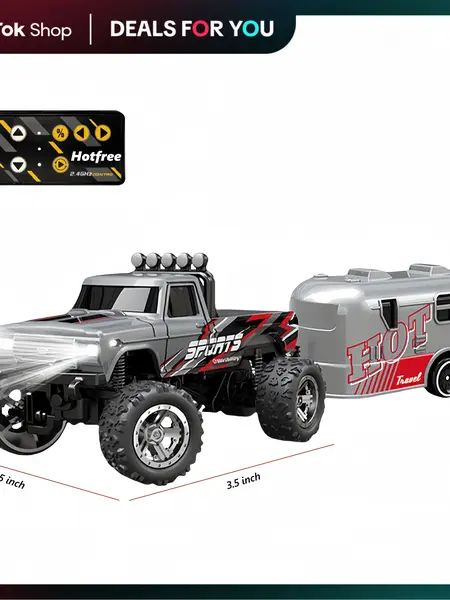 Hotfree 1/64 Mini RC Monster Truck, Metal Off-Road Stomper with Trailer, 2.4GHz Remote Control All-Terrain Vehicle, 3-Speed Adjustable, USB-C Rechargeable, Desktop Play, Indoor Outdoor Racing Toy, Fun Birthday Christmas Gift for Kids Boys