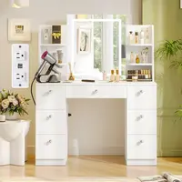 VOWNER Modern Makeup Vanity Table Set with 3-Color LED Mirror 7 Drawers & Power Strip for Bedroom & Bathroom 43-Inch White Dressing Table