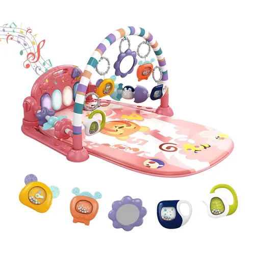 Baby Play Mat Baby Gym,Funny Play Piano Tummy Time Baby Activity Mat with 5 Infant Sensory Baby Toys, Music and Lights Boy & Girl Gifts for Newborn Baby(Pink Tiger) summervibes