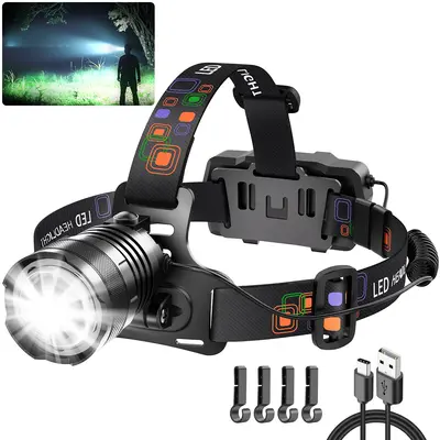 Rechargeable Headlamp, High Lumens Super Bright Headlamp, Adjustable Focus LED Headlamp, 90° Headlamp, 4 Modes Headlamp, Essential Equipment for Adult Helmet Camping summergarden,campingessentials,outdoorfurnitureset,campinggear
