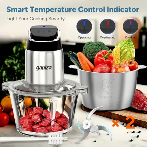Ganiza Food Processor with 8 Cup Glass Bowls & 8 Cup Stainless Steel 2-Speed Food Chopper Meat Grinder Upgraded Button & Smart Overheat Protection Light - Includes Clean Brush 2 Sets of Blades Kitchen Vegetable Slicer Vegetable Cutter Kitchen Appliances