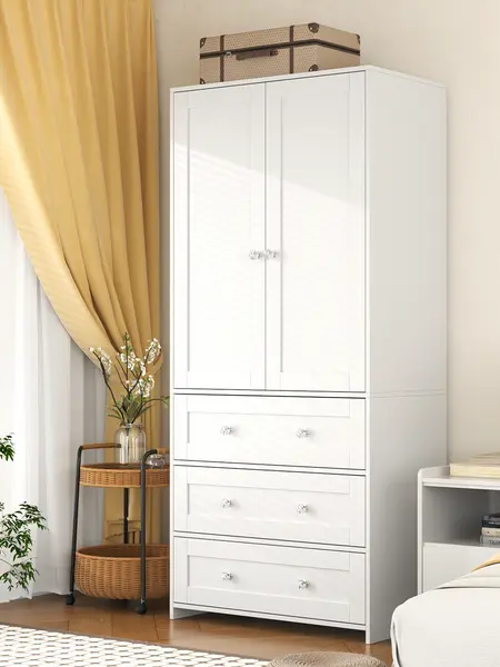 VOWNER 71" High Freestanding Wardrobe with 3 Drawers, With Hanging Rod, Bedroom, Living Room, White Storage Closet Cabinet Modern Wooden Armoires, dressers