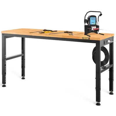 【fathersdaygift】VEVOR Workbench Adjustable Height, 48\" L X 20\" W X 38.1\" H Garage Table with 28.3\" - 38.1\" Heights & 2000 LBS Load Capacity, with Power Outlets & Hardwood Top & Metal Frame & Foot Pads, for Offic
