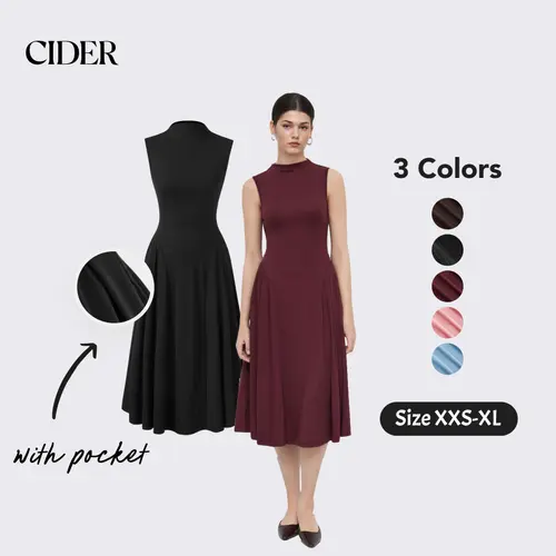 Cider High Neck Solid Ruffle Pocket Midi Dress - Fits Phone & Keys Womenswear Minimalist Dealsforyou