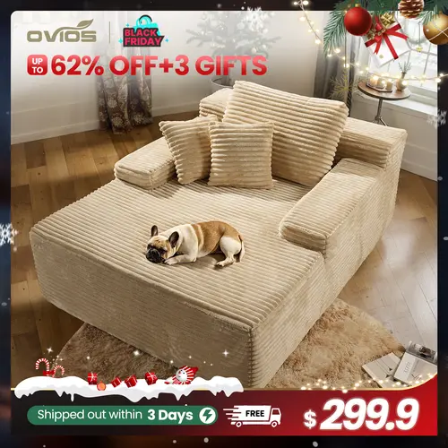 Ovios 49'' Boneless Chaise Lounge with Cup Holders, Upholstered Sofa Bed with Throw Pillows and Armrests, Indoor Sleeper Chair- Luxurious Plush Corduroy Chair Bed for Living Room - No Assembly Required