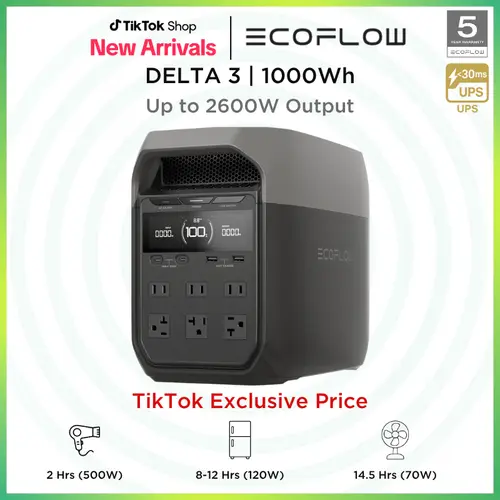 DELTA 3 Series, 1kWh LFP Battery for Home Backup, Camping&RV Solar Generator (Solar Panel Optional) with 500-1000W Solar Input, Electric Generator + UPS