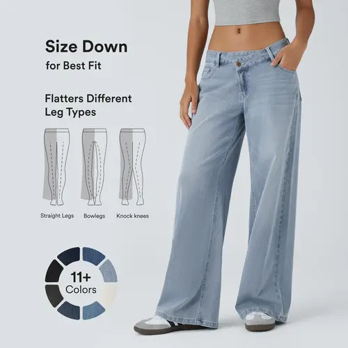 【Creator‘s Pick】Halara Flex Asymmetric Low Rise Zipper Pockets Baggy Wide Leg Washed Casual Jeans #SwimWeek