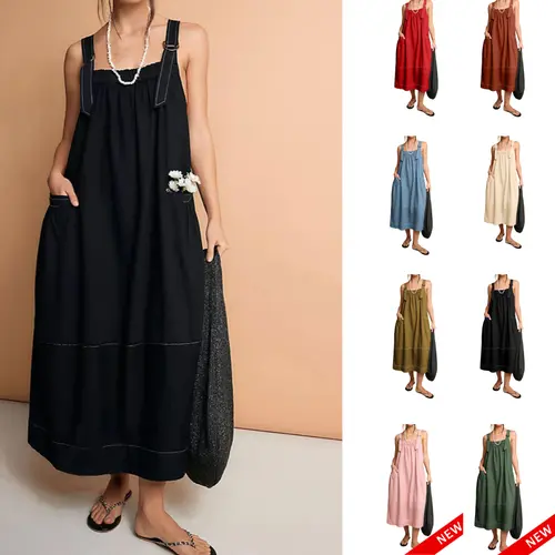 Yeokou Women's Barrel Midi Dress Sleeveless Strappy Maxi Dress with Big Pockets & Adjustable Straps Minimalist Basic Casual Fall Dress,summerwins,summeroutfits,vacationoutfits,beachoutfits