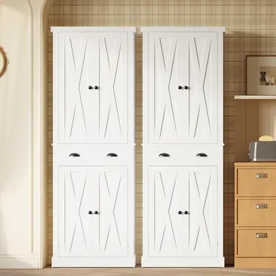 IRONCK Modern 72.6"H x 24"W Kitchen Pantry Storage Cabinet - Barn Doors, Drawer, 4 Adjustable Shelves, Freestanding Multi-Use Openable 4-Shelf Tall Cupboard for Kitchen Organization, Apartment Furniture, Four-Shelf Tall Cupboards