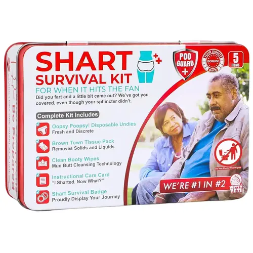 Funny Shart Survival Kit by Witty Yeti. Ultimate Poop Prank Gag Gift Set Contains Wet Wipes, Disposable Underwear, Tissues and Hilarious Badge. Novelty Fart Potty Pack Great for Friends or Family