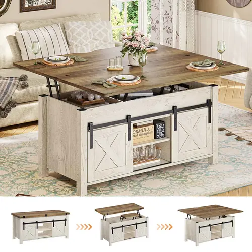 Sedeta 4-in-1 Country Rustic Natural Wood Coffee Table - Distressed Oak Farmhouse Adaptive Furniture, Lift-Top Convertible Table with Storage Space, Hidden Compartment, Sturdy Legs for Home Living Room Decor, House Decor