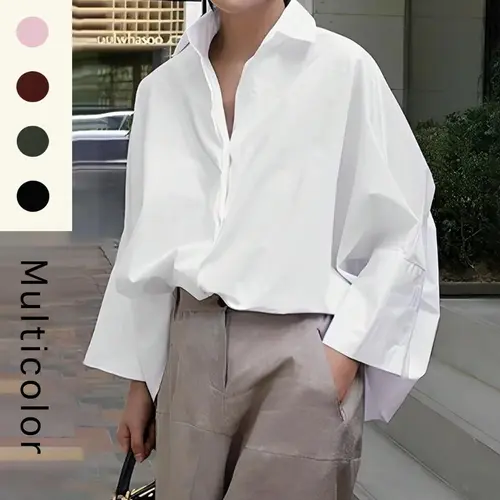 UOOZEE Women's Loose Oversized Collared Lapel Long Sleeve Blouse - Polyester Basic Chic Shirts for Women, Business Casual Office Outfits Tops, Comfortable Fit-Focused Commuting Wear,summerwins,summeroutfits,vacationoutfits,beachoutfits