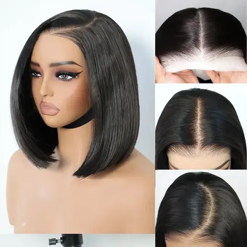 U&A Hair 9x7 Glueless Synthetic Wear and Go Straight Wigs Double Drawn Bob Wig High Density, Natural Hairline with Tiny Knots