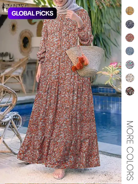 Women's Ditsy Floral Print Long Sleeve Tunic Modest Style Dress, Casual Round Neck Dress for Holiday Vacation Daily Wear, Ladies Clothes for All Seasons, Muslim Dress, Muslim Outfits, Modest Islamic Clothing, Islamic Modesty Clothes