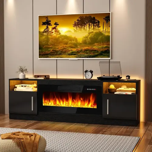 【2 Packages Shipping】[Summer Vibes] Fireplace TV Stand Entertainment Center with Fireplace, Wooden TV Stand for TVs Up to 80",Media TV Console with High Gloss Storage Cabinet and 16 Colors LED Lights