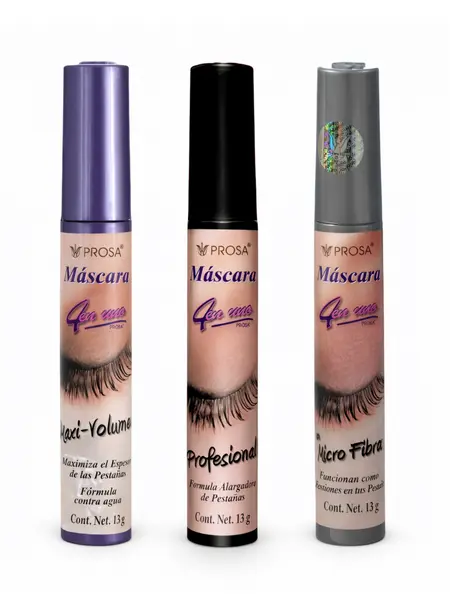 Prosa 4 in 1, (3 Pack) Mascara Maxi Volumen with Micro Fibras, Professional Black, 4 in 1 Eyelash Makeup Volumizing Water Proof Cosmetic