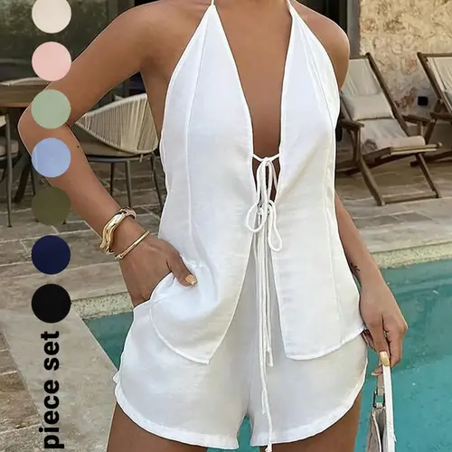 Women's Solid Color Breathable Lightweight Fitted Sleeveless Tie Back Top & Shorts Set, Casual Fashion Chic Minimalist Style Two-piece Outfits for Summer, Ladies Clothes for Beach Holiday Vacation, Summer Beachwear Set, Womenswear