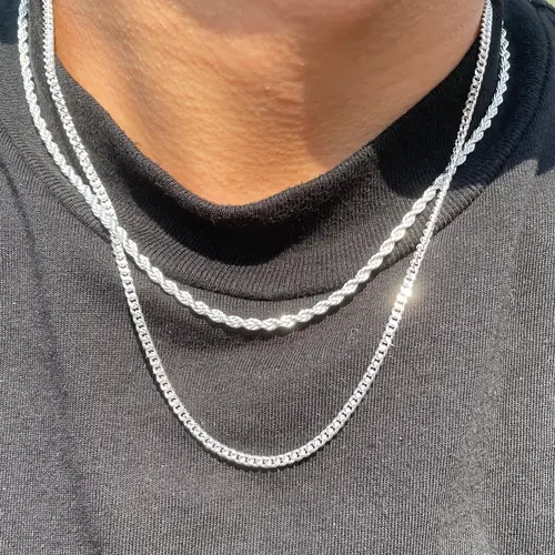 Tewiky Trendy 2Pcs 3mm Chain Necklace for Men SummerVibes Silver Layered Cuban Link Rope Necklaces Set Simple Jewelry Gift 18-28 Inches Present Jewelry
