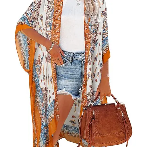Women's Ethnic Pattern Kimono, Boho Casual Open Front Cover Up for Beach Vacation, Ladies Spring & Fall Clothes, Beach Coverup