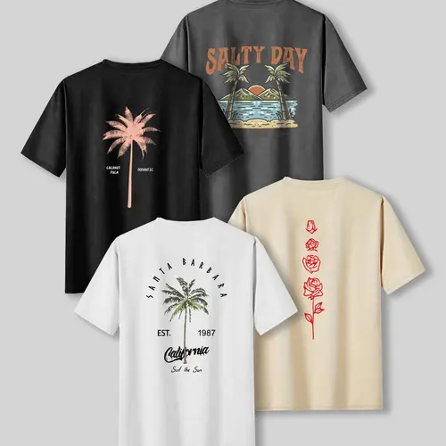 Men's Palm Tree & Letter Print Tropical Short Sleeve Graphic Casual Beach Tee, Regular Fit Casual Streetwear Round Neck T-shirt for Summer, Men's Top for Daily Wear, Menswear, Casual Summer Clothing, Casual Style Tee