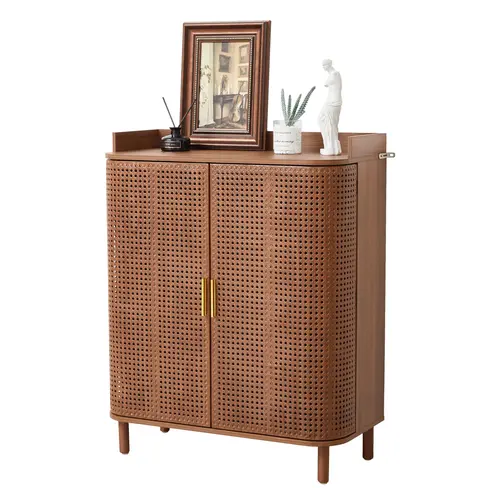 Giratree Shoe Cabinet, 5 Tier Boho Wooden Shoe Storage Organizer Cabinet with Adjustable Shelves, Shoes Rack with Iron Rattan Curved Doors Accent Cabinet for Entryway Hallway Living Room