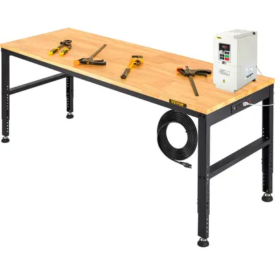 【Father's Day】VEVOR Workbench Adjustable Height, 61\" x 20\" Garage Table with 27.1\" - 36\" Heights & 2000 LBS Load Capacity, with Power Outlets & Hardwood Top & Metal Frame & Foot Pads, for Workshop Office Home