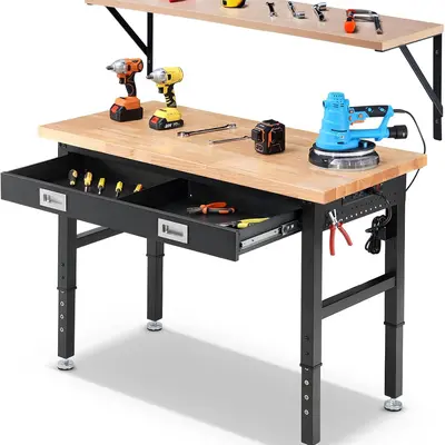 ENJOYWOOD Work Bench with Storage Adjustable Workbenches with Drawers for Garage 48 Inch Rubber Wood Top Garage Workbench with Shelf Bracket,Power Outlets for Woodworking, Home, Office, Workshop