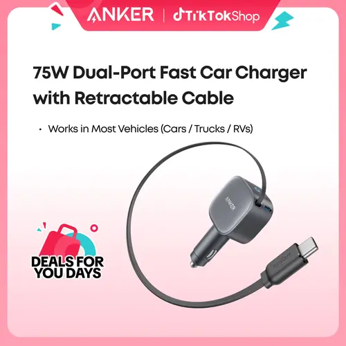 Anker USB-C Car Charger, 75W Max Fast Charging, Sleek and Compact Design with Retractable Cable, for iPhone 17 / 16 / 15 Series, Samsung S24 / S23, MacBook, and More