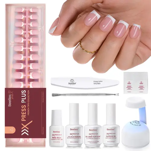 Beetles X Press Plus-Lite Kit French Tips Square Almond French Tip Press on Nails with Nail Glue Builder Top Coat Squoval Press on Nails DIY Manicure Gift for Women #Summervibes outdoorfun