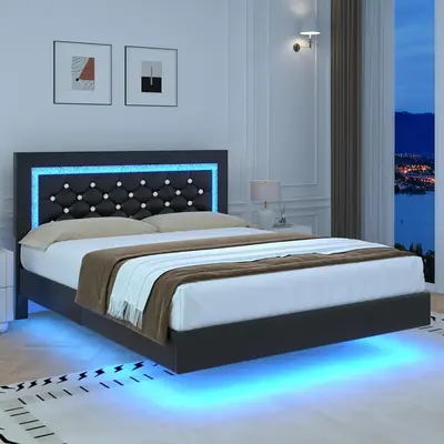 [Summerwins] HOMBCK Floating Bed Frame with LED Lights, Upholstered Morden Platform Bed with Diamond Tufted Headboard, No Box Spring Needed, Noise Free, Easy Assembly #summer garden,fathers day gift ideas