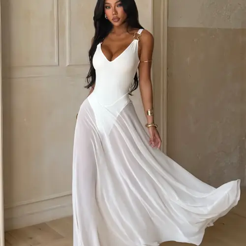 Women's Plain Minimalist Deep V Neck Tulle Sheer Cami Lightweight Fit Dress, Elegant Chic Sleeveless Maxi Prom Wedding Dress for Evening Party Holiday Wedding Guest Formal Wear, Ladies Summer Clothes, Brunch Dresses