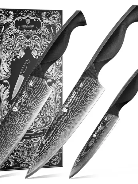 BRODARK Dark Horse Series 3-Piece Stylish Damascus Kitchen Knives Set - Sharp Multi-Use Professional Cooking Tools with Ergonomic Full-Tang ABS Handle for Home Use, Knives Kitchen Set