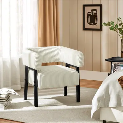 Yaheetech Corduroy Barrel Accent Chair, Modern Upholstered Armchair with Solid Wood Legs, Cozy Leisure Chair with Pocket Coiled Seat for Living Room, Bedroom, Reading