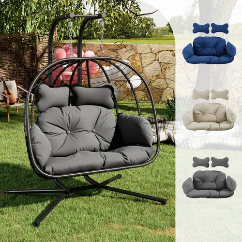 Egg Swing Chair with UV Resistant Removable & Washable Cushions, Outdoor Indoor Wicker Rattan Egg Hanging Chair with Stand-350/700lbs Capacity, Perfect for Bedroom, Balcony, Garden, Poolside summerwins