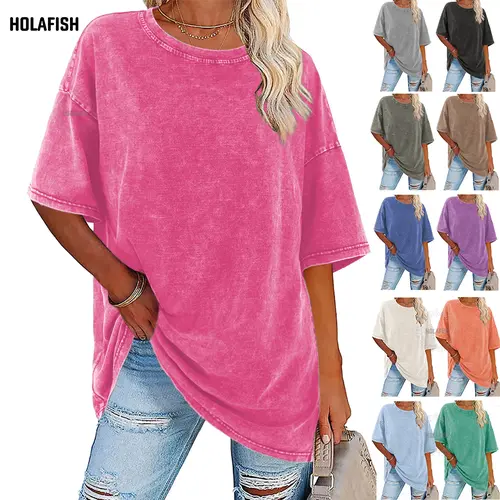 Holafish Women's Vintage Acid Washed T-Shirt, Loose Fit Cotton Crewneck Short Sleeve Top for Casual Streetwear, Fabric, Women's Clothing