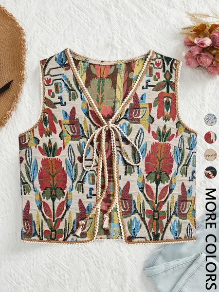Women's Floral Pattern Tie Front Fitted Lightweight V Neck Casual Top Vest Tops Tie Up Vest, Boho Bohemian Sleeveless Outerwear for Beach Vacation Holiday, Ladies Clothes for All Seasons Womenswear