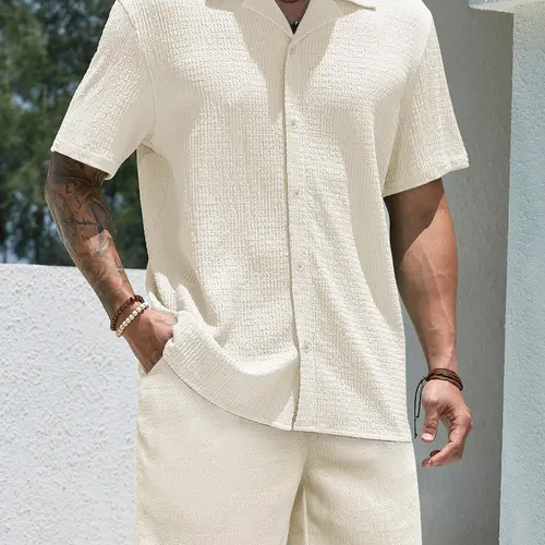 Men's Solid Short Sleeve Shirt & Shorts Two-Piece Set, Regular Fit Casual Classic Button Down Collared Top & Shorts for Summer, Men's Two-Piece Outfits for Beach Vacation, Menswear