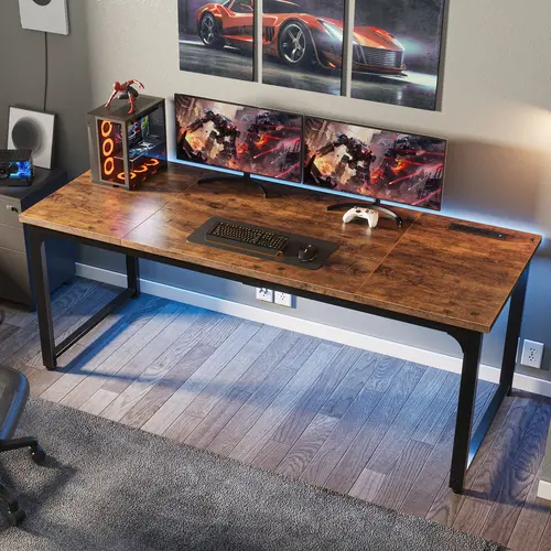 Huuger 48/54/63/71-Inch Home Office Desk - Deeper, Thicker Desktop, Robust Metal Tubes, Built-In Power Outlets, Heavy-Duty Wood Workstation for Home Office Use, Home Office Desks