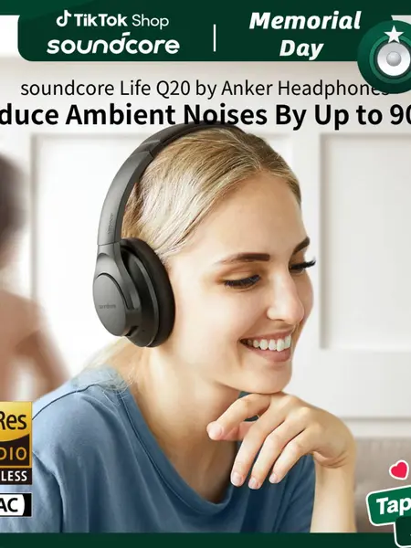 soundcore Anker Life Q20 Hybrid Active Noise Cancelling Headphones, Wireless Over Ear Bluetooth Headphones, 60H Playtime, Hi-Res Audio, Deep Bass, Foam Ear Cups, Travel, Office, USB-C Charging