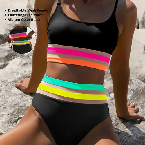 POPVIL Bralete Mesh Patchwork Neon Bikini Set Sporty Tummy Control High Waisted Swimsuit for Women,Neon Bikini